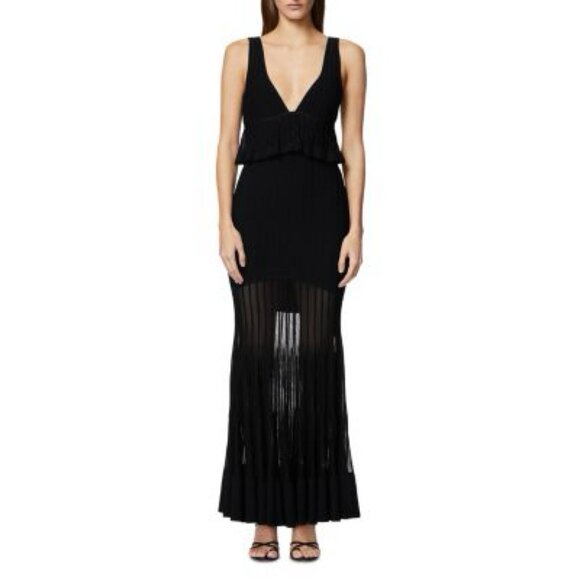 Hervé Léger Sheer Fluted Black Striped Stretch Knit Gown - Picture 2 of 12